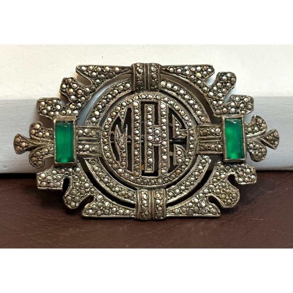 Antique Sterling Silver Art Deco VTG Maracasite Green Glass Initial Brooch MCF